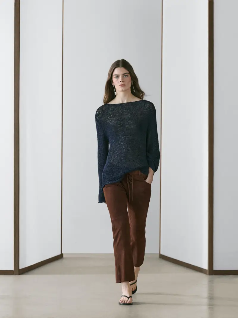 Cropped Trousers With Suede Lace-Up Detail - Marrone - - Massimo Dutti - Femminile