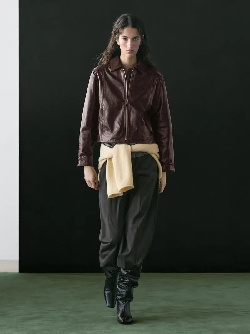 Giacca A Contrasto Con Colletto In Pelle Scamosciata Nappata - Bordeaux - - Massimo Dutti - Femminile
