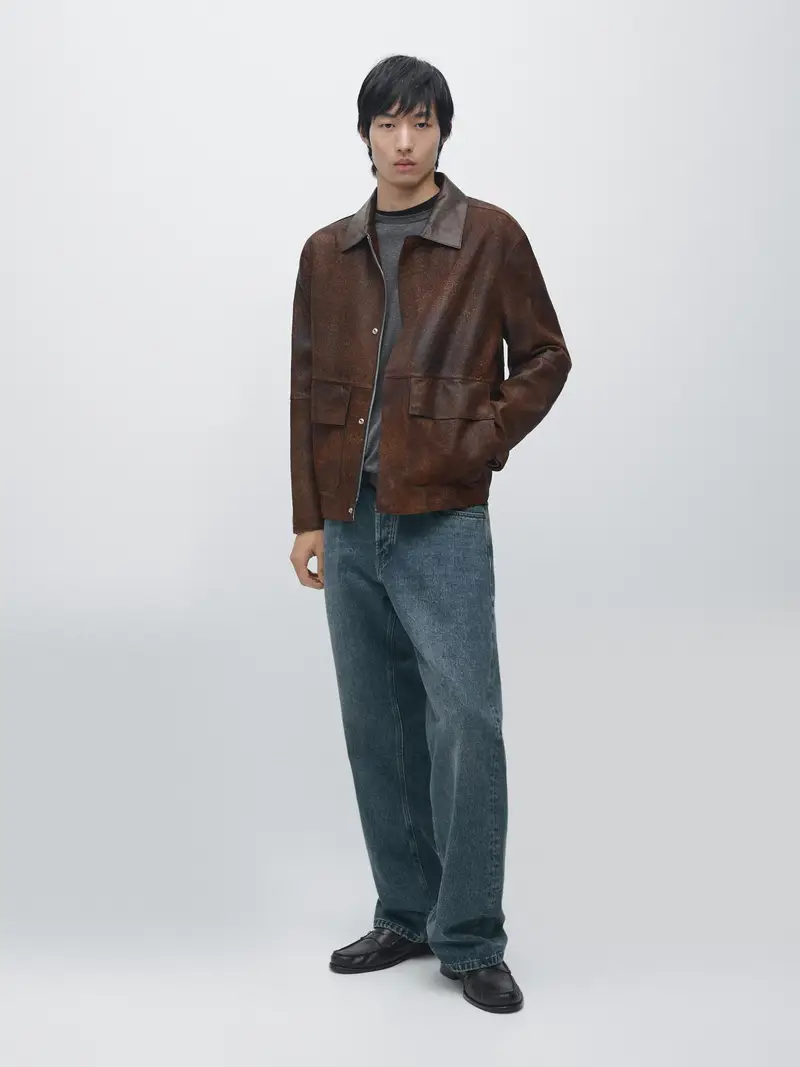 Giacca A Contrasto In Pelle Scamosciata - Marrone - - Massimo Dutti - Maschile