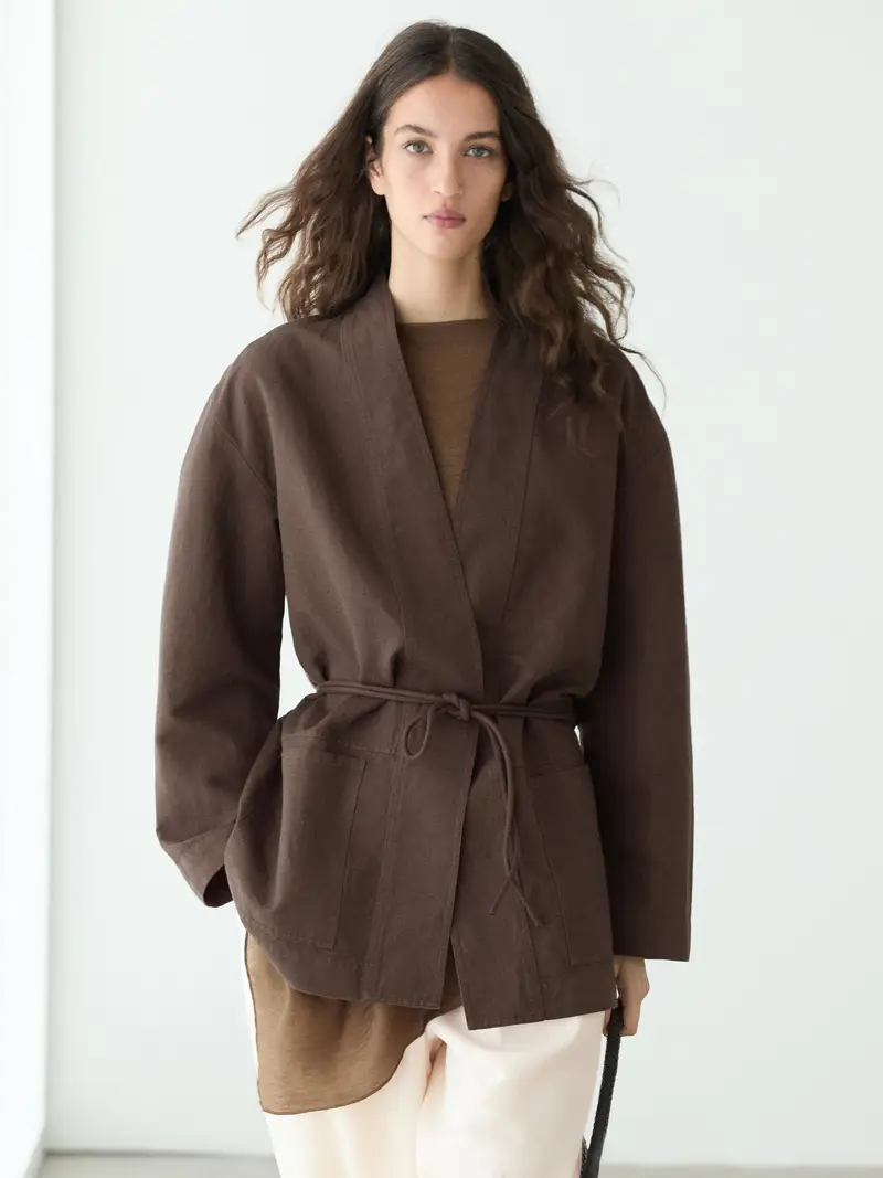 Giacca A Kimono Con Laccio E Lino - Cioccolato - - Massimo Dutti - Femminile