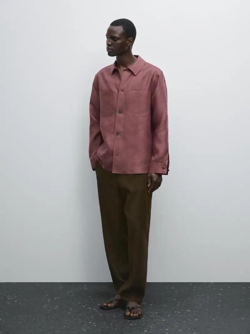 Giacca Camicia Con Tasche 100% Lino - Bordeaux - - Massimo Dutti - Maschile