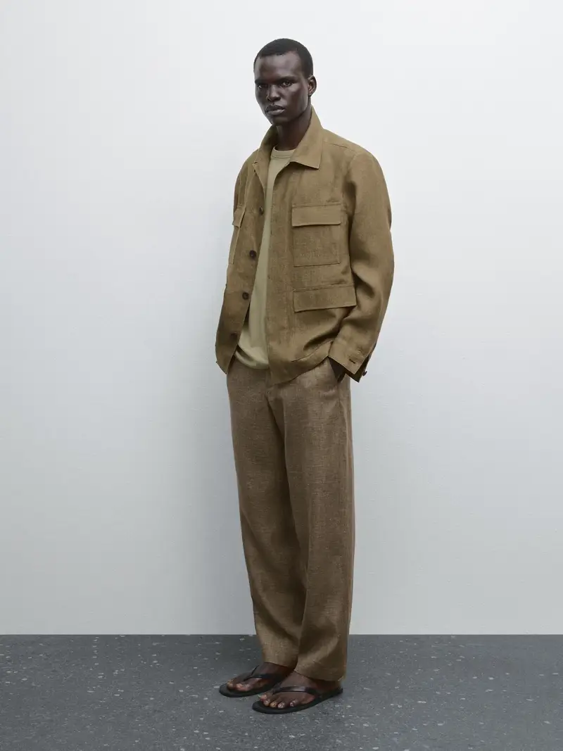 Giacca Camicia Con Tasche 100% Lino - Verde - - Massimo Dutti - Maschile