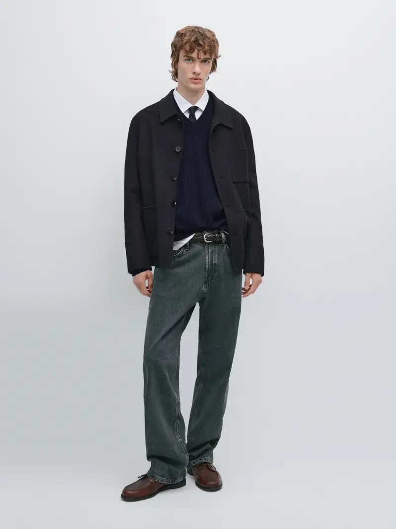 Giacca Camicia In Lana Con Tasche Doppie - Blu Marino - - Massimo Dutti - Maschile