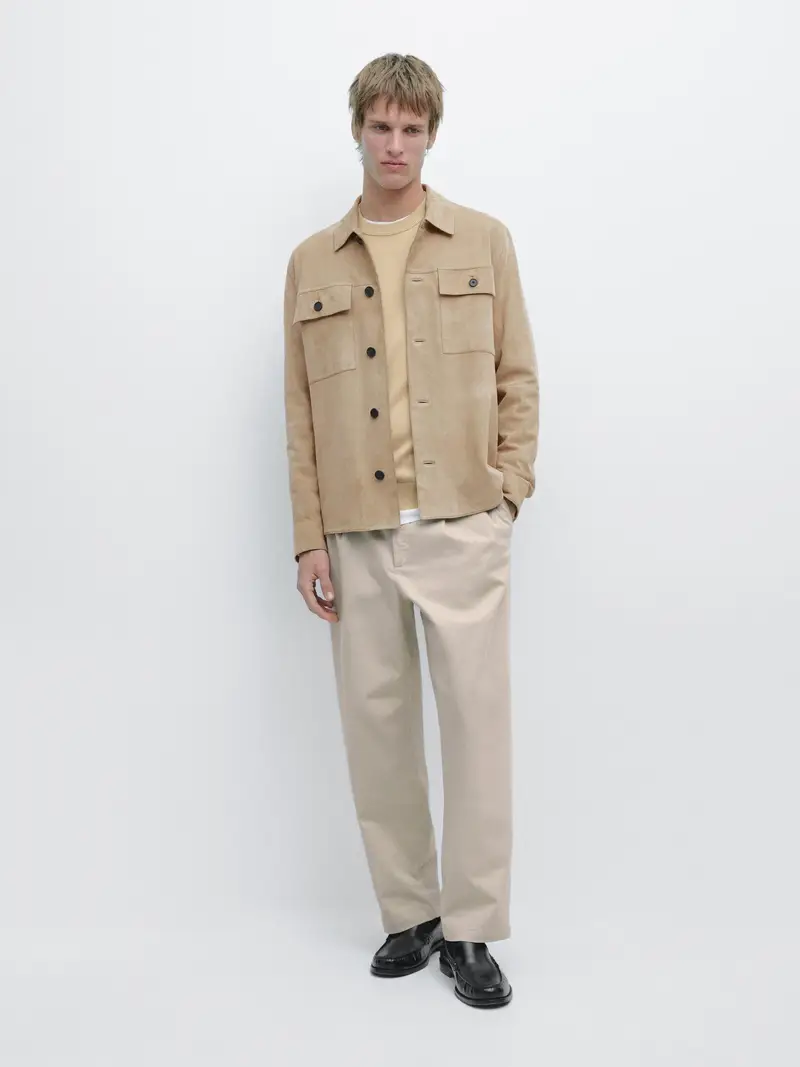 Giacca Camicia In Pelle Scamosciata - Beige - - Massimo Dutti - Maschile