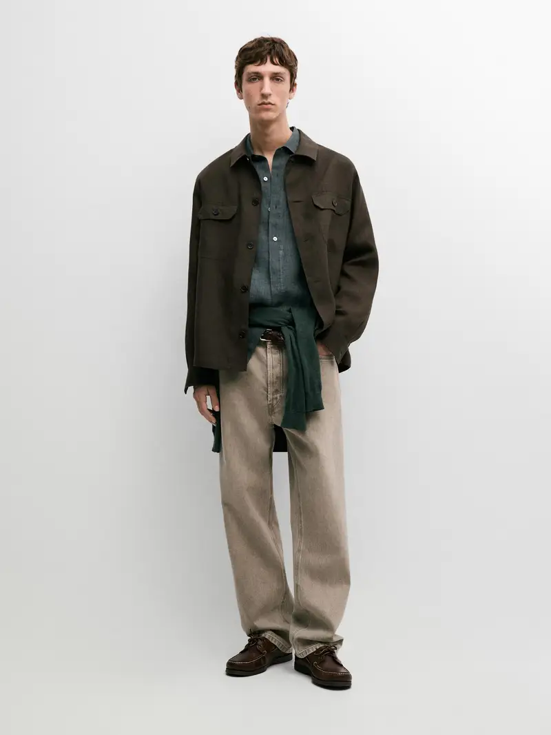 Giacca Camicia Lino Con Tasche - Verde - - Massimo Dutti - Maschile