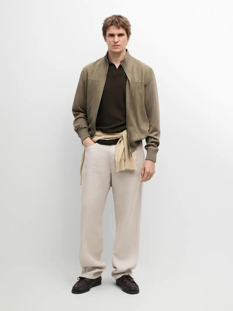 Giacca Combinata In Maglia E Pelle Scamosciata - Kaki Chiaro - - Massimo Dutti - Maschile