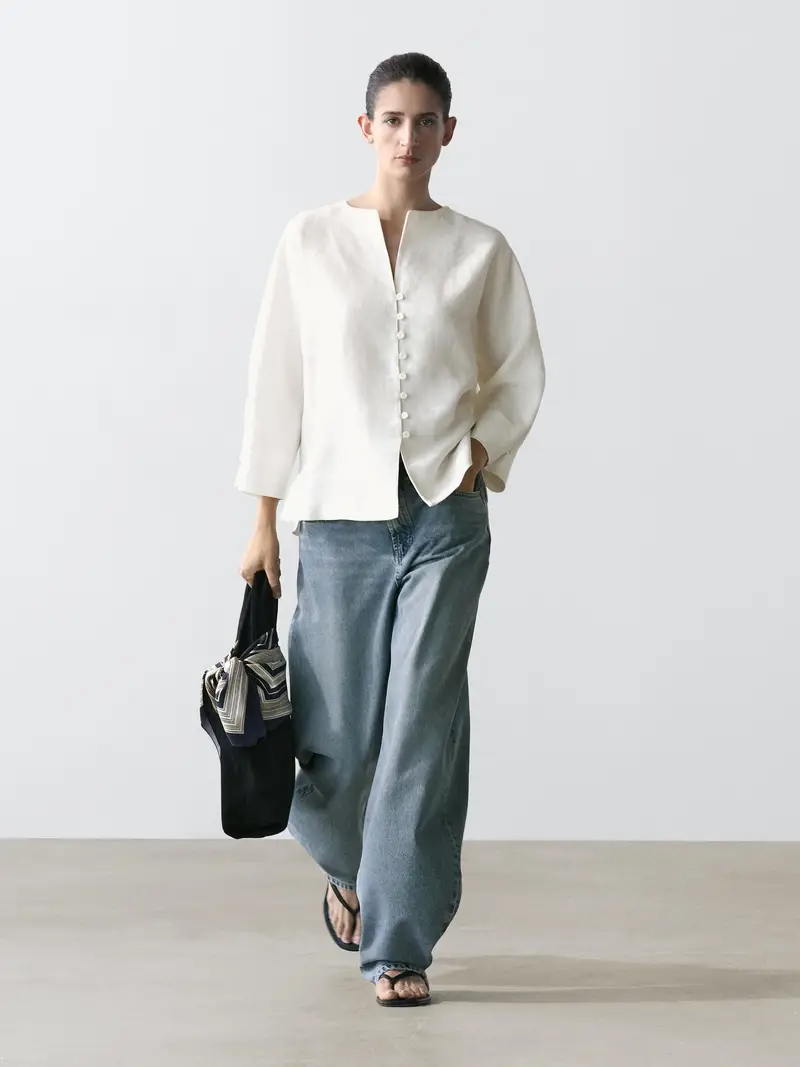 Giacca Con Bottoni In Lino - Bianco Roto - - Massimo Dutti - Femminile