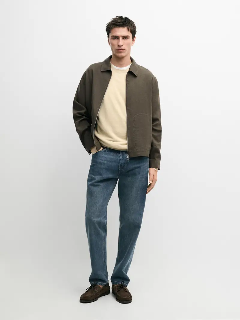 Giacca Con Dettaglio Sul Collo 100% Lino - Kaki - - Massimo Dutti - Maschile