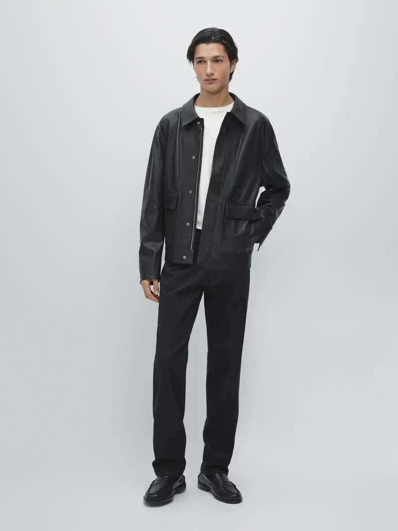 Giacca Con Tasche In Pelle Nappata - Nero - - Massimo Dutti - Maschile