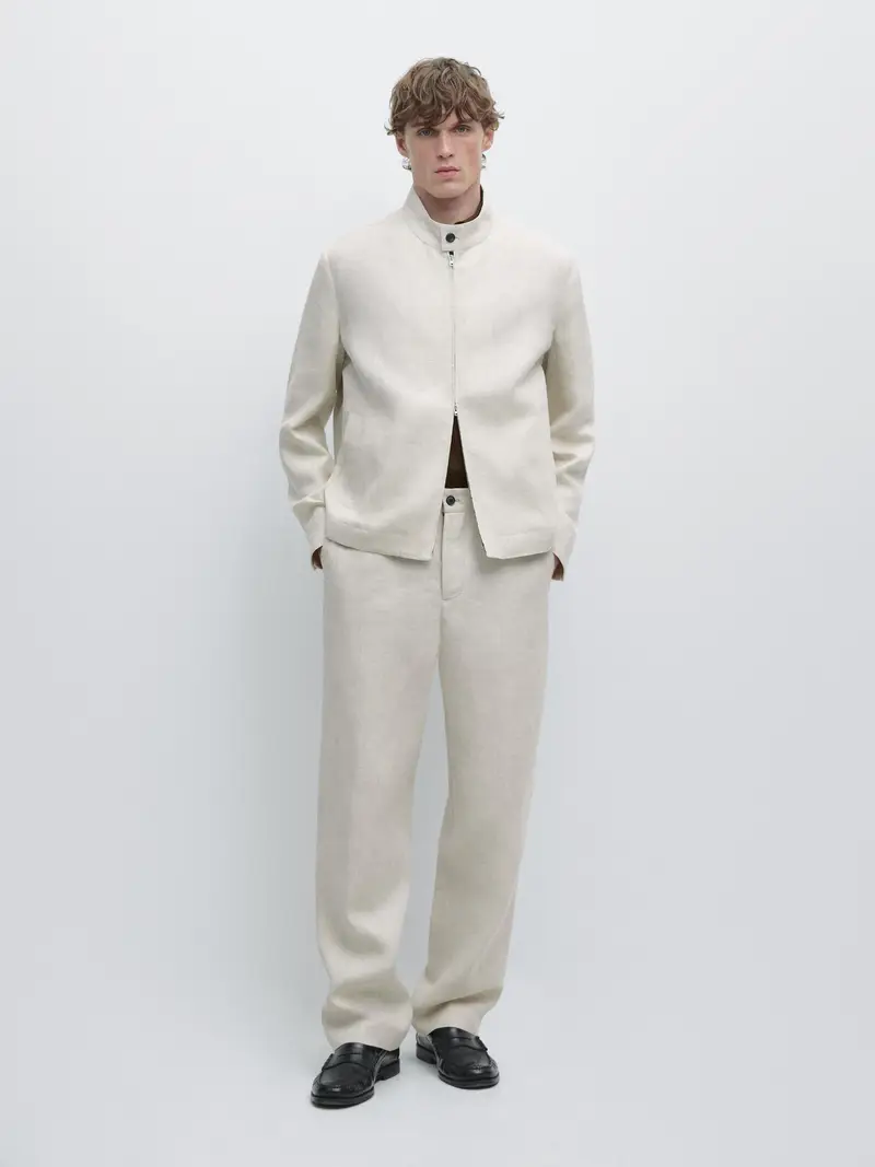 Giacca Corta In Lino A Spina Di Pesce - Beige - - Massimo Dutti - Maschile