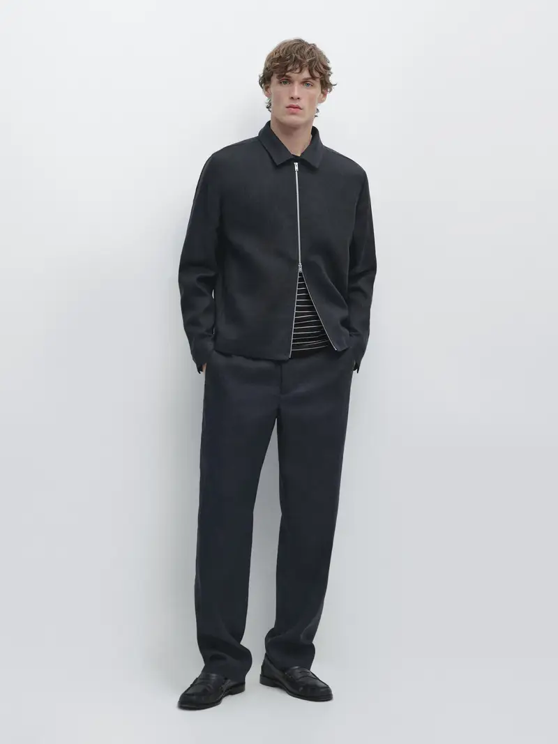 Giacca Corta In Lino - Blu Marino - - Massimo Dutti - Maschile