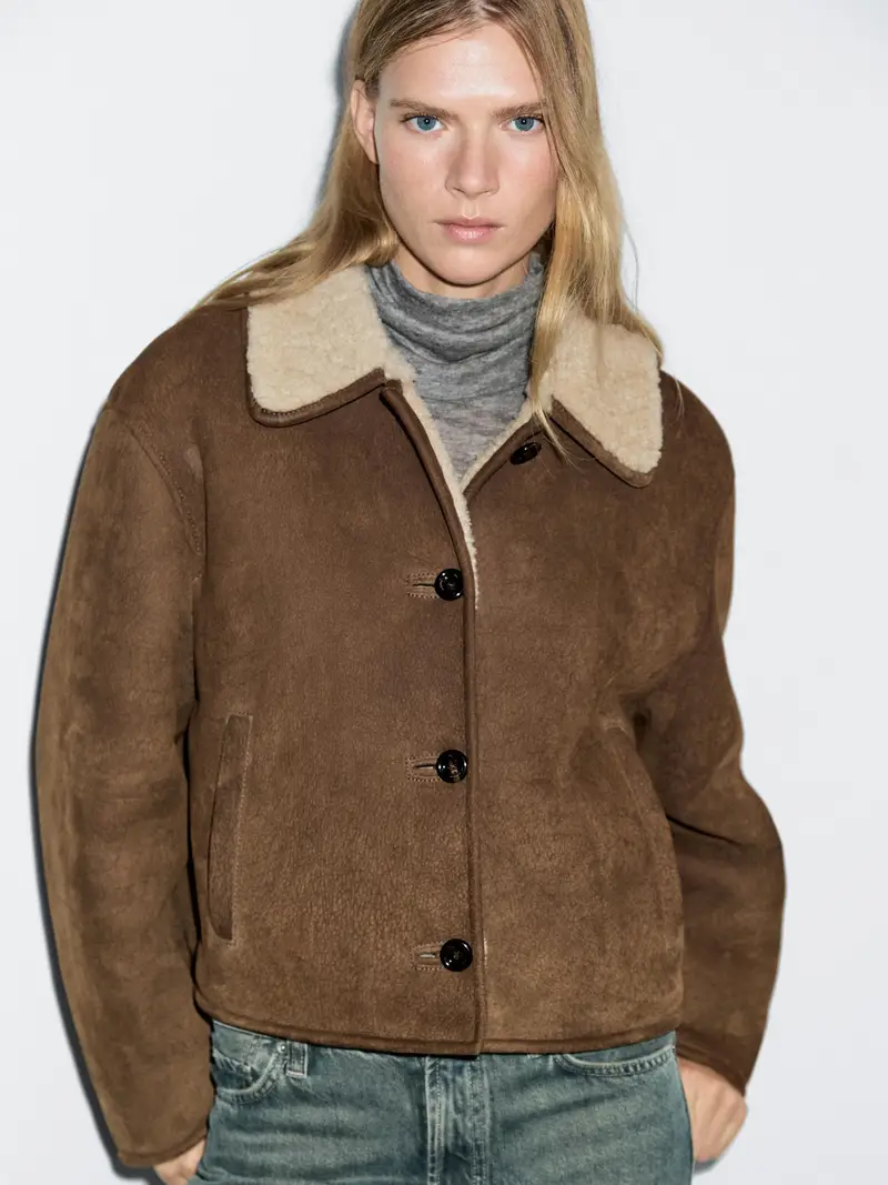 Giacca Corta In Pelle Con Pelliccia Di Agnello - Cammello - - Massimo Dutti - Femminile