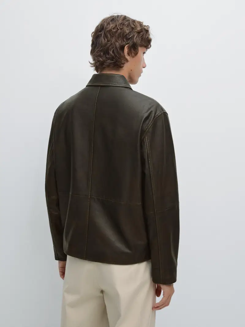 Giacca Corta In Pelle Nappata Effetto Consumato - Marrone - - Massimo Dutti - Maschile