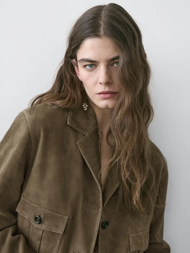 Giacca Corta In Pelle Scamosciata - Kaki - - Massimo Dutti - Femminile