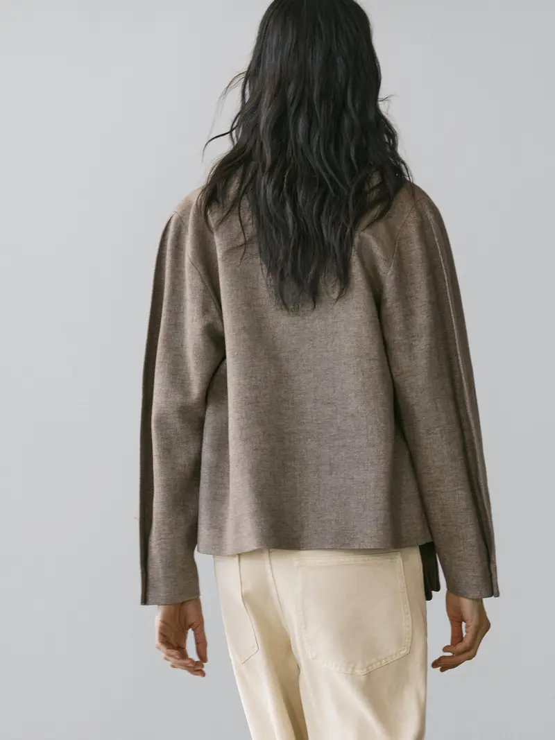 Giacca Corta Misto Lino - Marrone Topo - - Massimo Dutti - Femminile