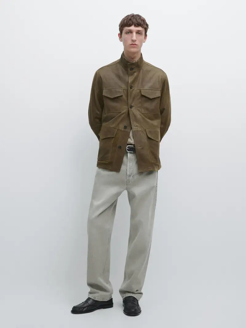 Giacca In Pelle Caprina Effetto Consumato - Kaki - - Massimo Dutti - Maschile