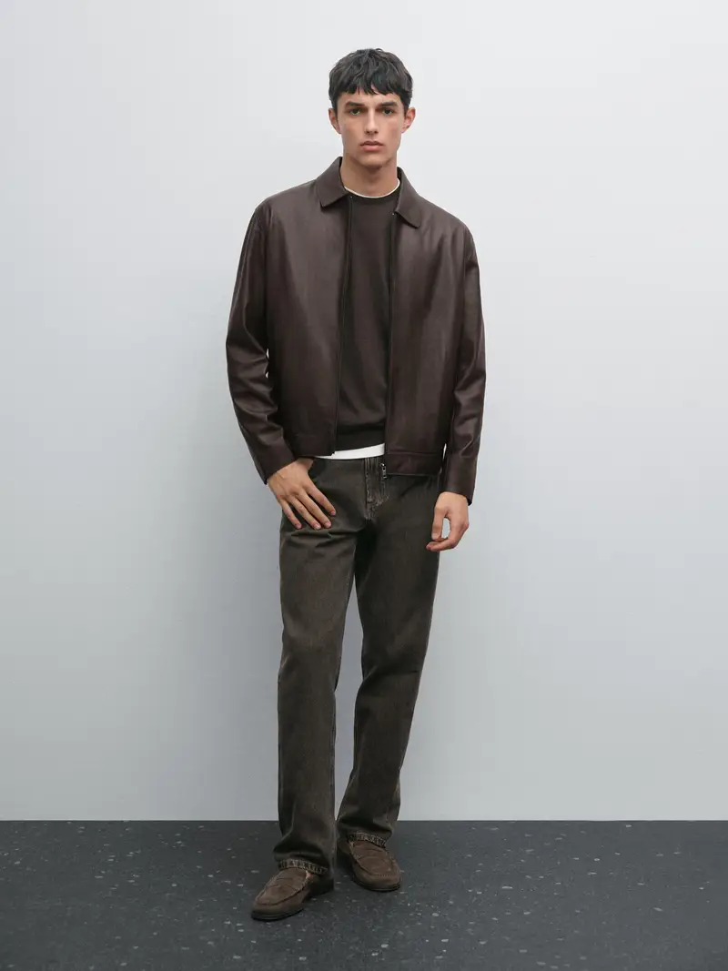 Giacca In Pelle Ovina Nappata - Marrone - - Massimo Dutti - Maschile