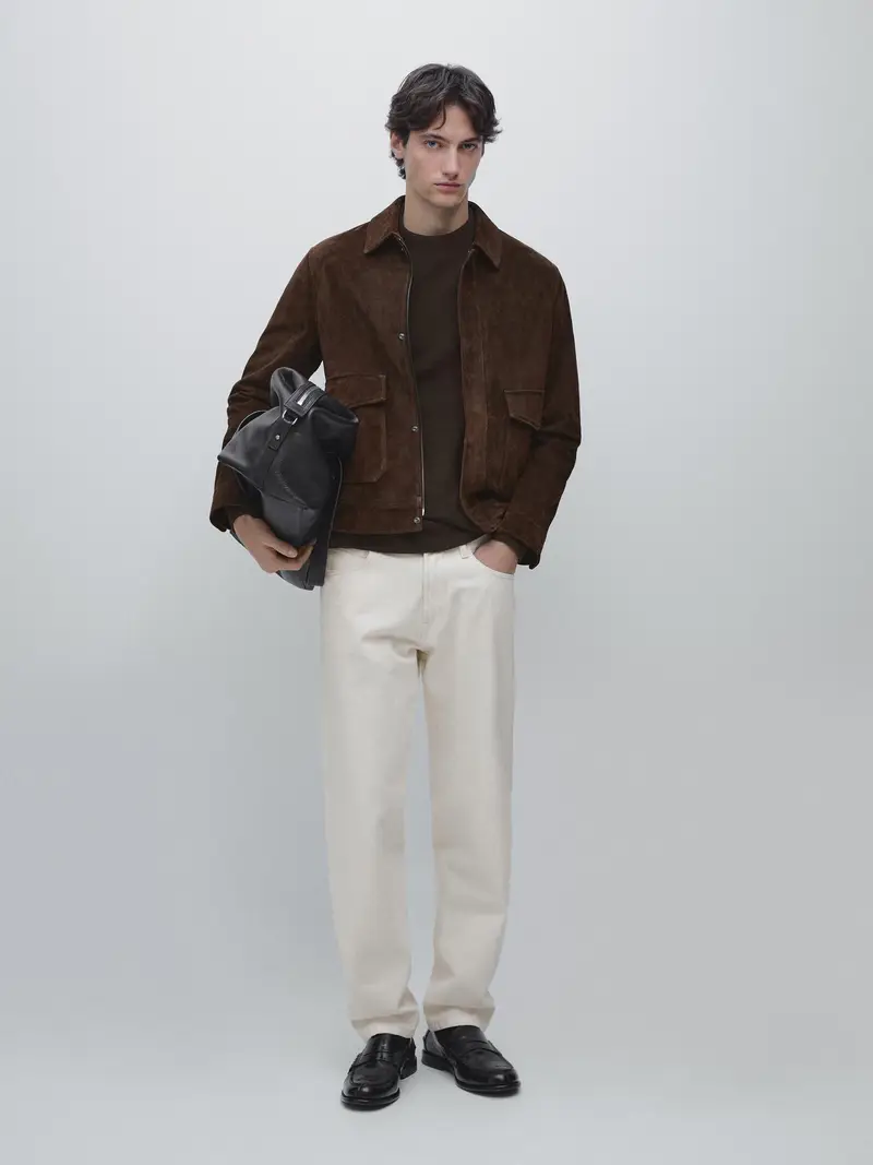 Giacca In Pelle Scamosciata - Cioccolato - - Massimo Dutti - Maschile