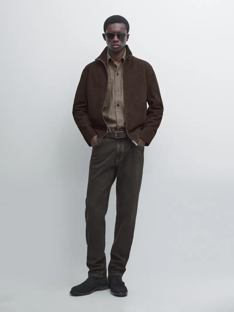 Giacca In Pelle Scamosciata - Grigio - - Massimo Dutti - Maschile