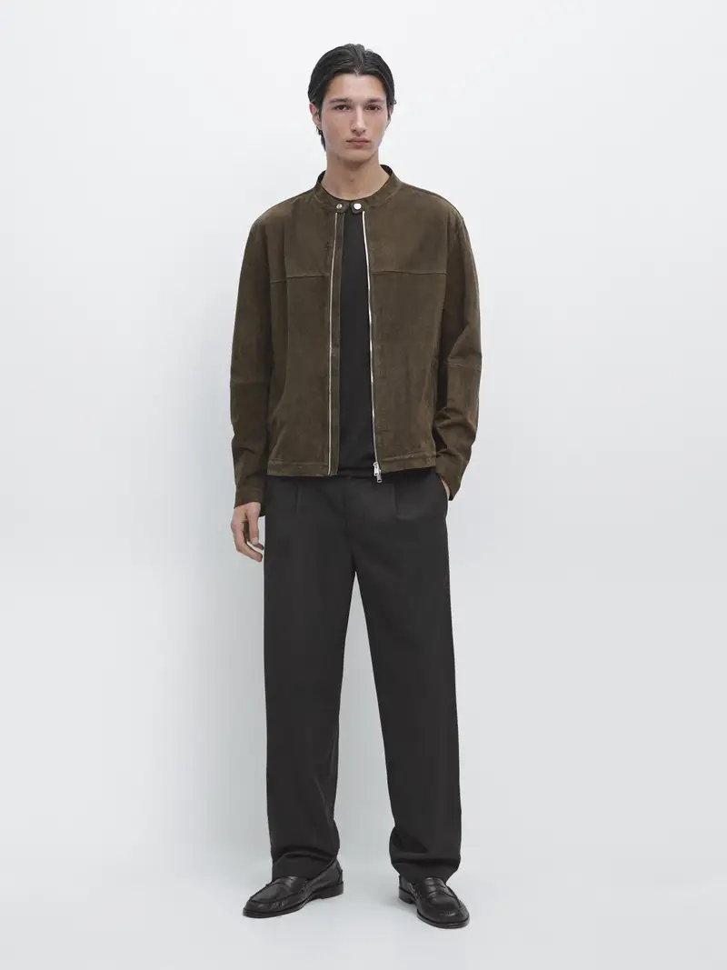 Giacca In Pelle Scamosciata - Kaki - - Massimo Dutti - Maschile