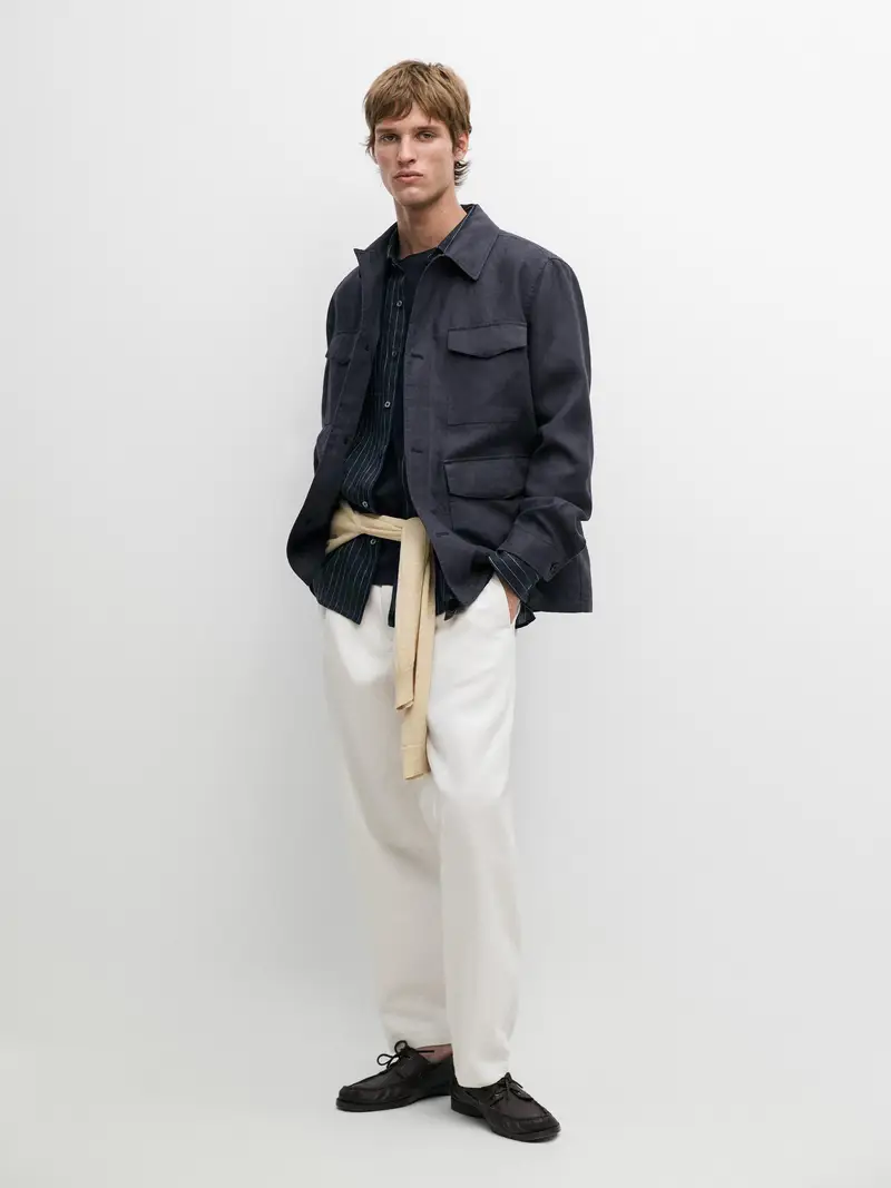 Giacca Leggera Con Tasche In Lino - Azzurro - - Massimo Dutti - Maschile