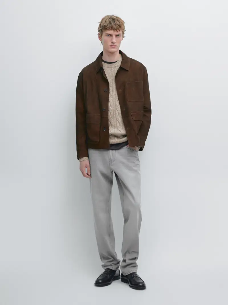Giacca Worker In Pelle Scamosciata - Marrone - - Massimo Dutti - Maschile