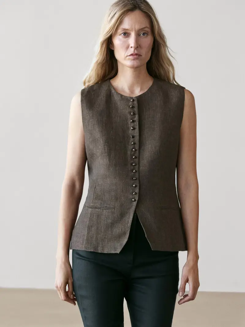 Gilet Con Bottoni 100% Lino - Cioccolato - - Massimo Dutti - Femminile