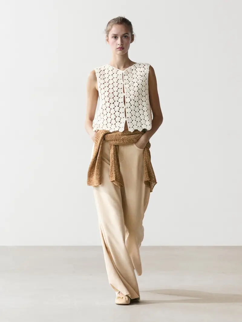 Gilet In Crochet Con Dettagli Floreali In Cotone - Ecru - - Massimo Dutti - Femminile