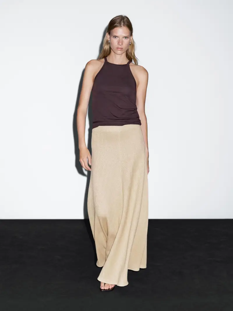 Gonna Lunga Con Motivo A Spina Di Pesce In Cotone - Ecru - (It 38) - Massimo Dutti - Femminile