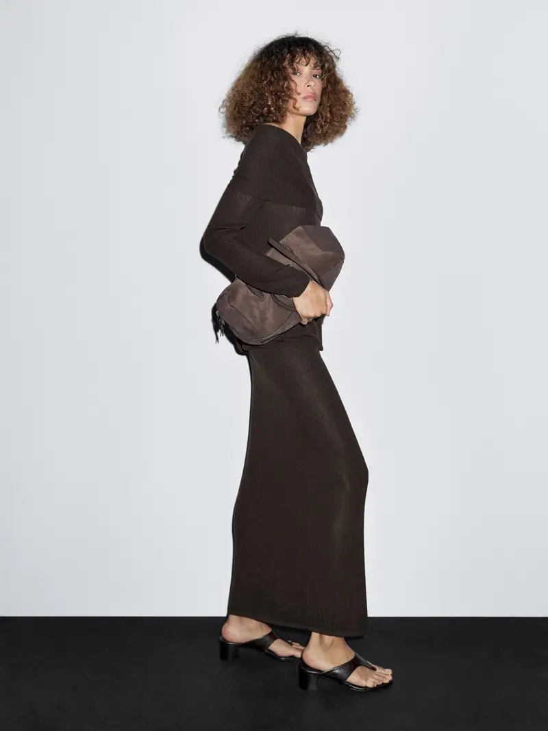 Gonna Lunga In Maglia A Costine - Marrone - - Massimo Dutti - Femminile