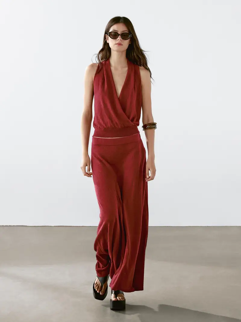 Gonna Lunga In Maglia Misto Lino - Rosso Oscuro - - Massimo Dutti - Femminile