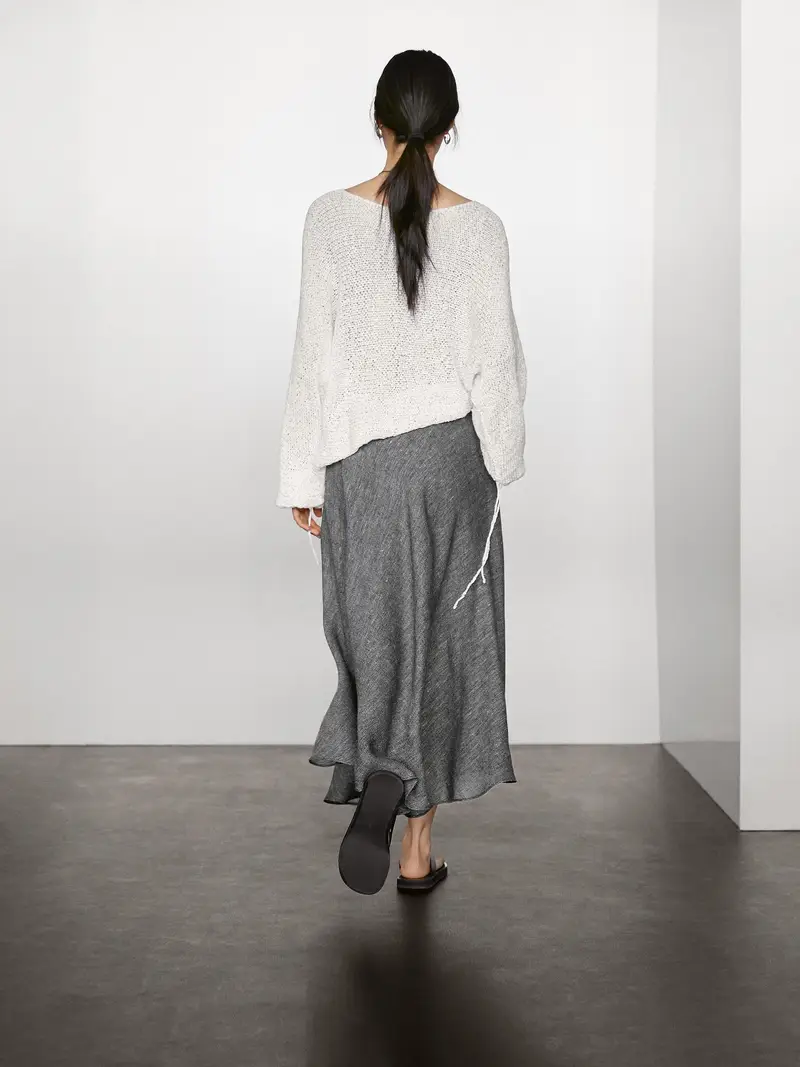 Gonna Midi A Balze In Misto Lino - Grigio - (It 40) - Massimo Dutti - Femminile