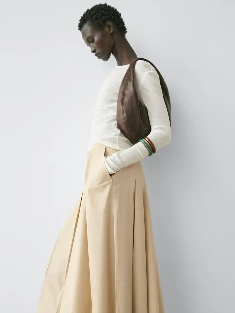 Gonna Midi A Pieghe In Cotone - Sabbia - (It 38) - Massimo Dutti - Femminile