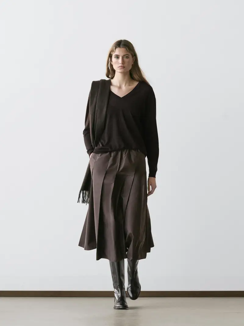 Gonna Midi A Pieghe In Tessuto Tecnico - Cioccolato - - Massimo Dutti - Femminile