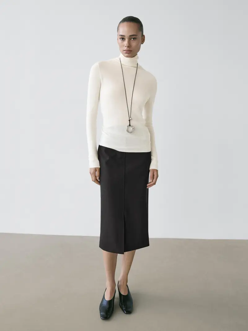 Gonna Midi Dritta Con Spacco In Misto Lana - Nero - (It 40) - Massimo Dutti - Femminile