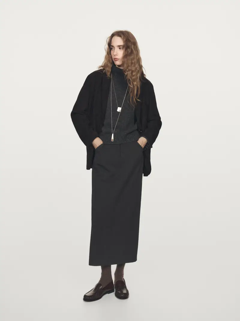 Gonna Midi Dritta Con Tasche In Lana - Grigio - (It 40) - Massimo Dutti - Femminile