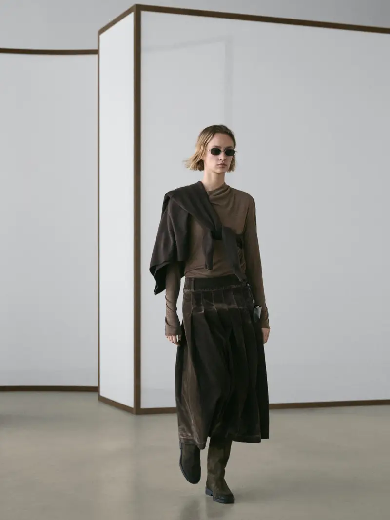 Gonna Midi In Denim A Pieghe - Kaki - - Massimo Dutti - Femminile