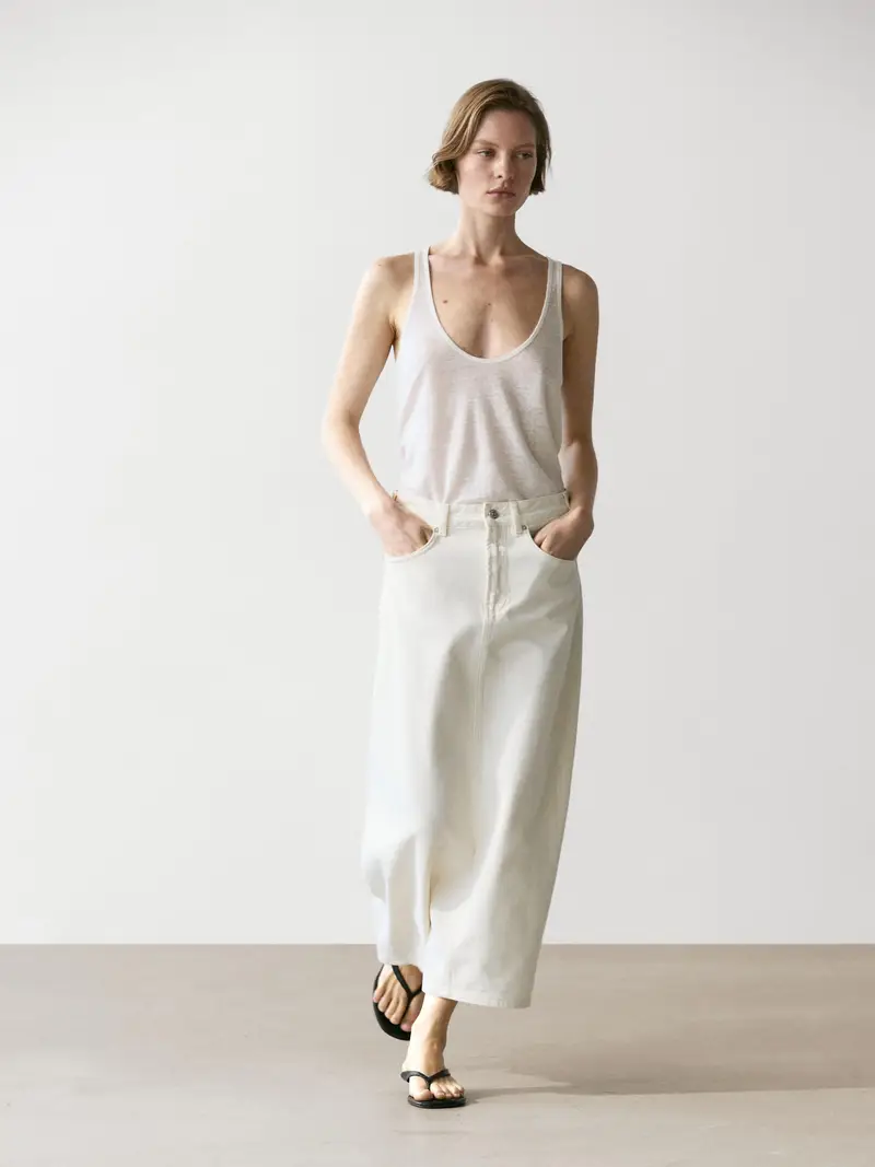 Gonna Midi In Denim Barrel Fit - Ecru - (It 44) - Massimo Dutti - Femminile