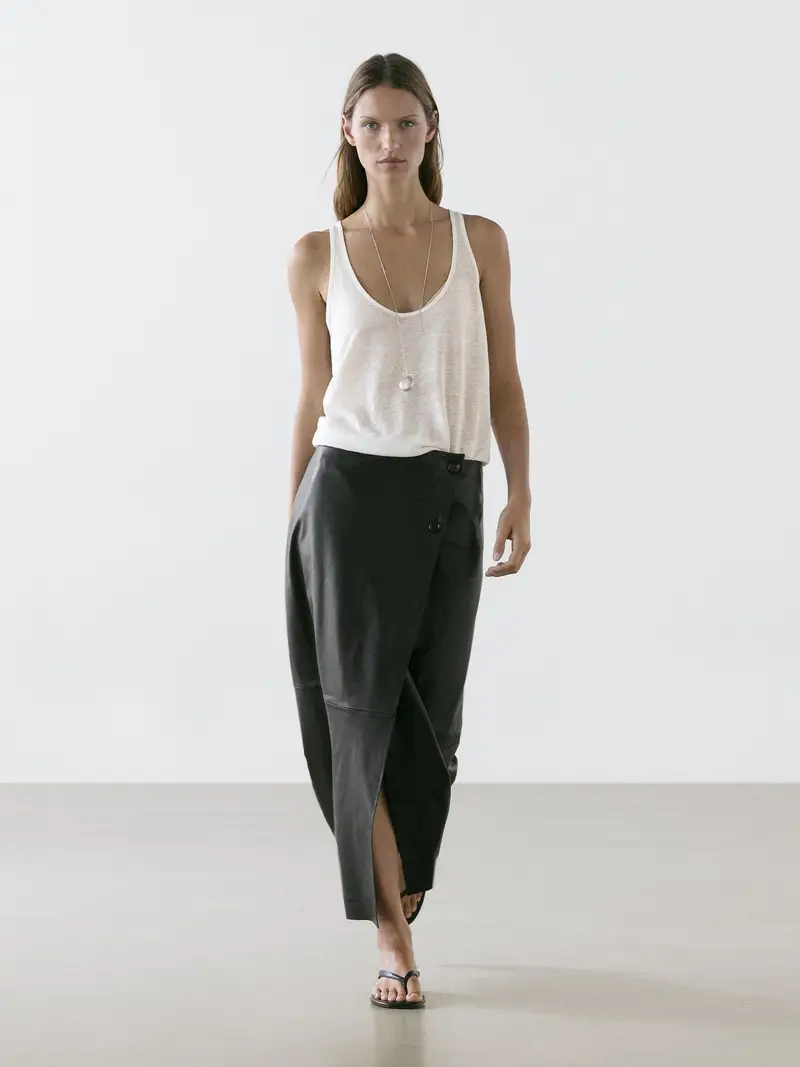 Gonna Midi In Pelle Nappa Con Cuciture - Nero - - Massimo Dutti - Femminile