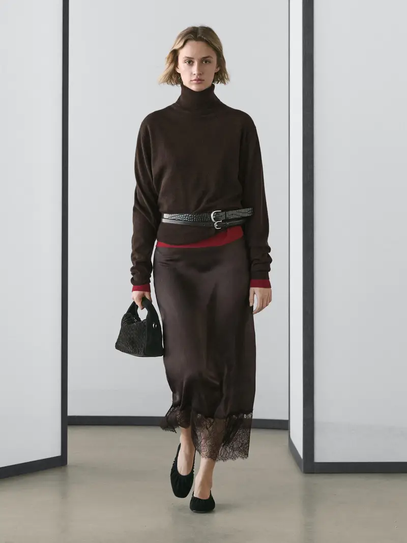 Gonna Midi Lingerie Con Pizzo - Marrone - (It 46) - Massimo Dutti - Femminile