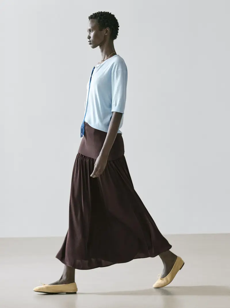 Gonna Midi Morbida Combinata - Marrone - - Massimo Dutti - Femminile