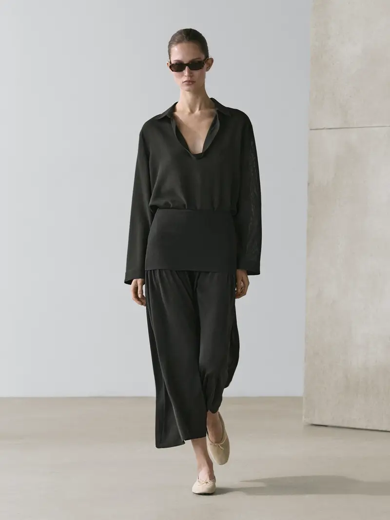 Gonna Midi Morbida Combinata - Nero - - Massimo Dutti - Femminile