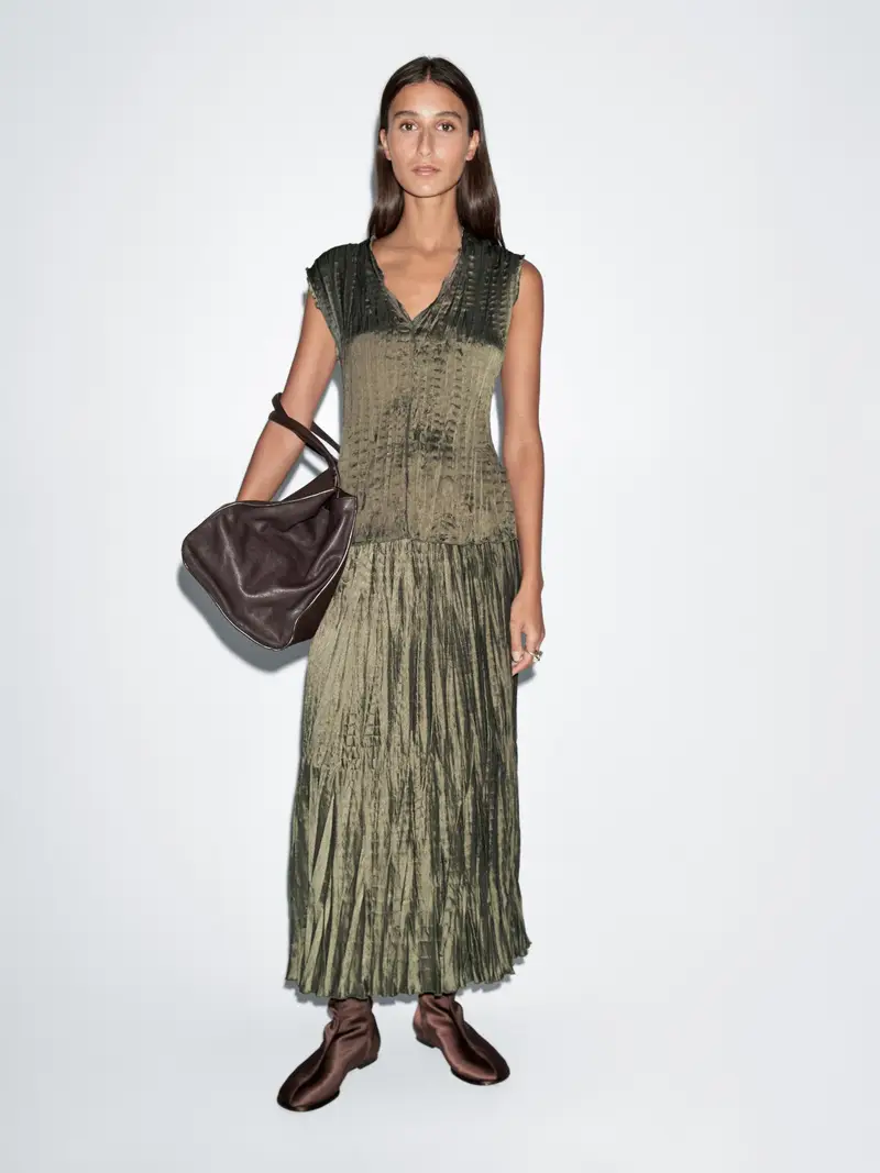 Gonna Midi Morbida Plissettata - Oliva - - Massimo Dutti - Femminile