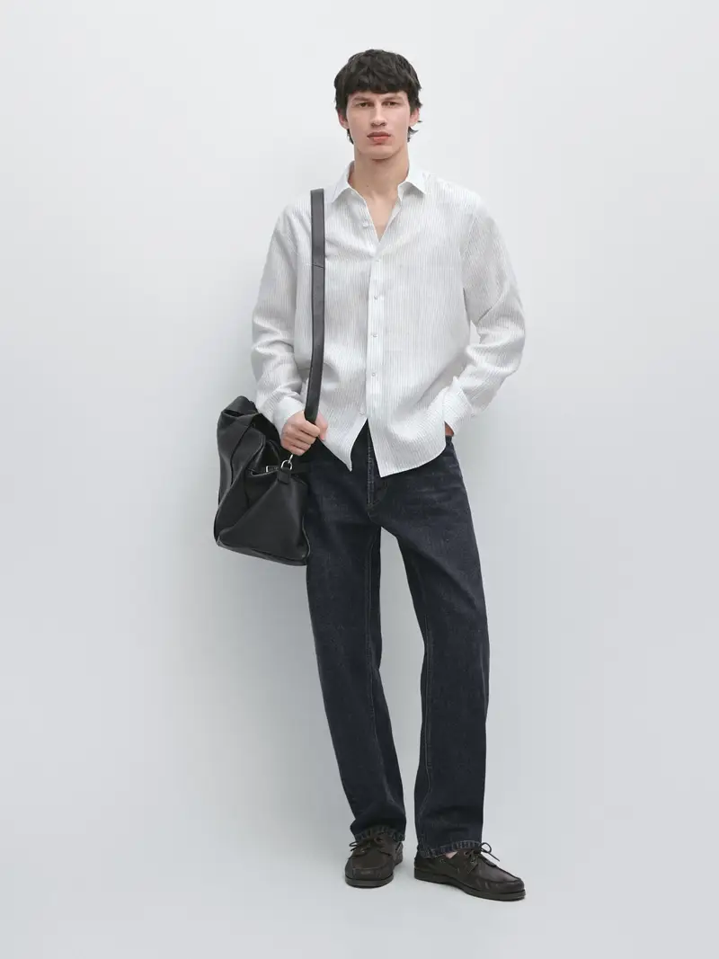 Linen Striped Shirt - Bianco - - Massimo Dutti - Maschile