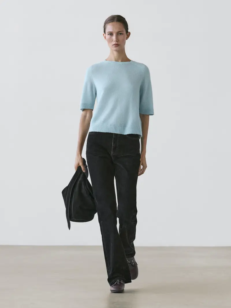 Maglia A Maniche Corte In Misto Alpaca - Celeste - - Massimo Dutti - Femminile