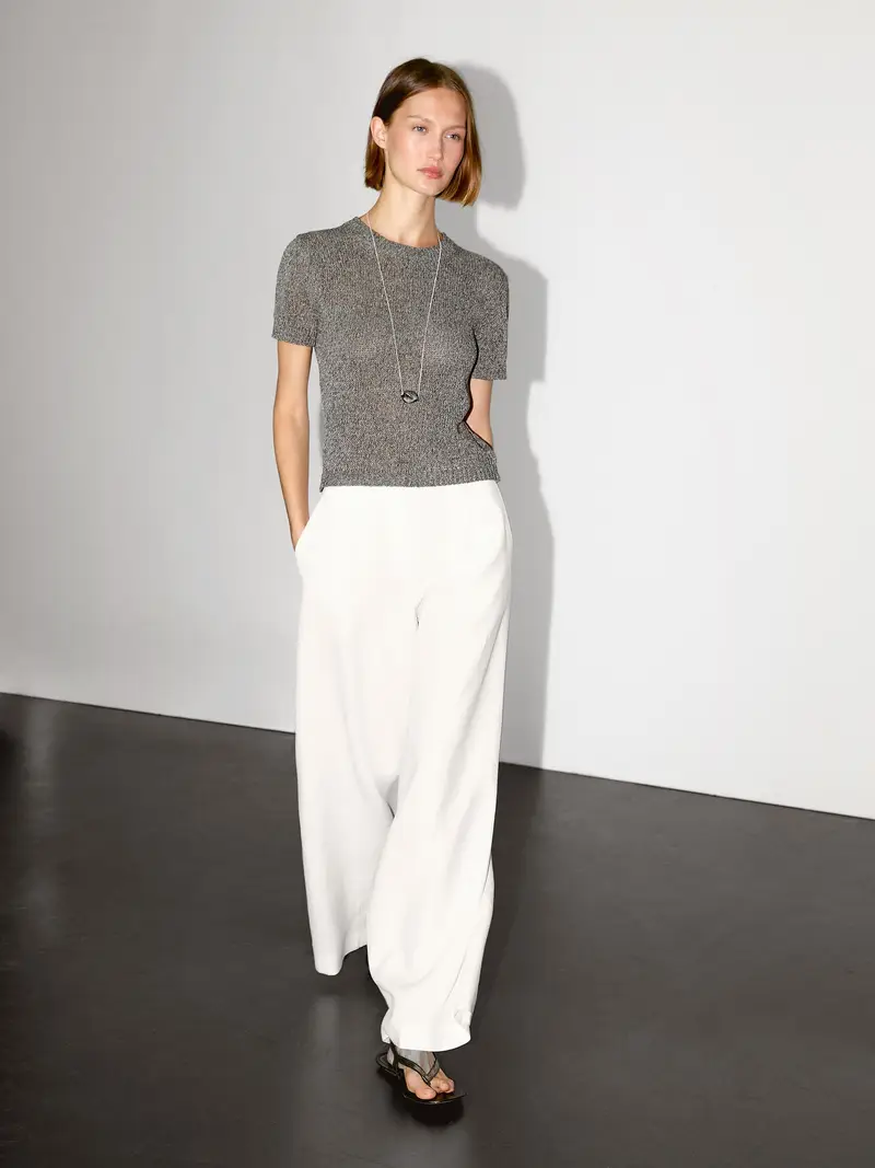 Maglia A Maniche Corte Metallizzata - Grigio Medio - - Massimo Dutti - Femminile