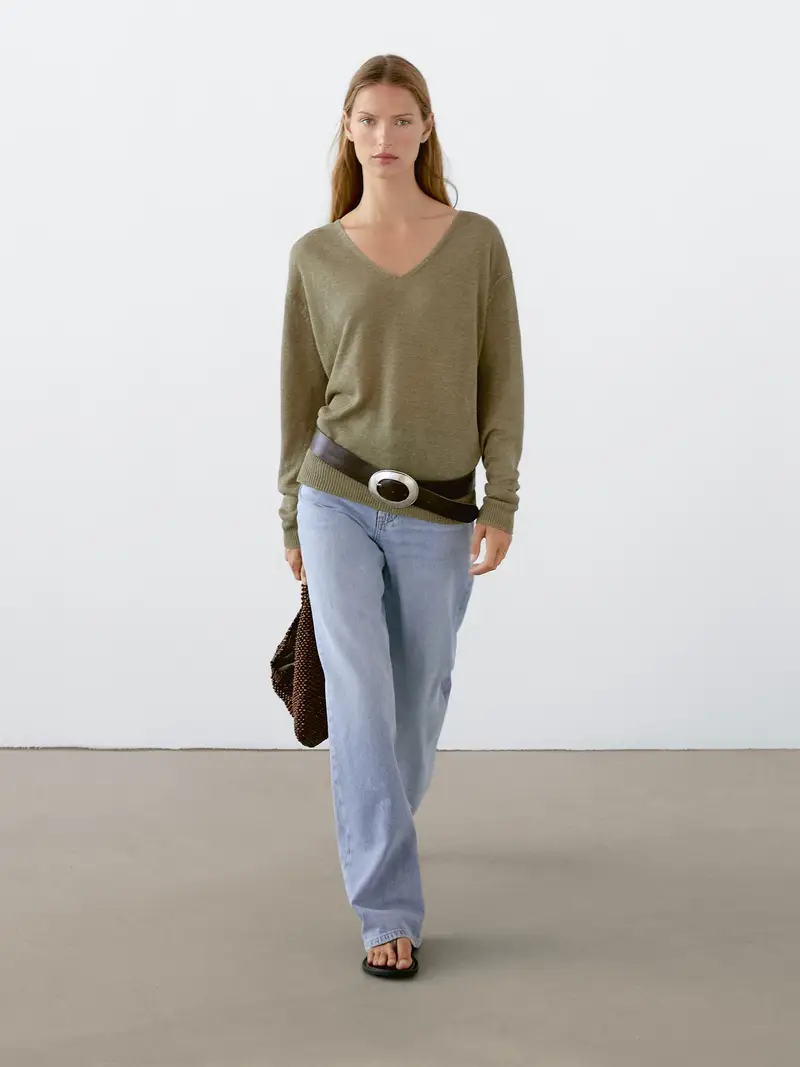 Maglia A Maniche Lunghe 100% Lino - Verdoso - - Massimo Dutti - Femminile