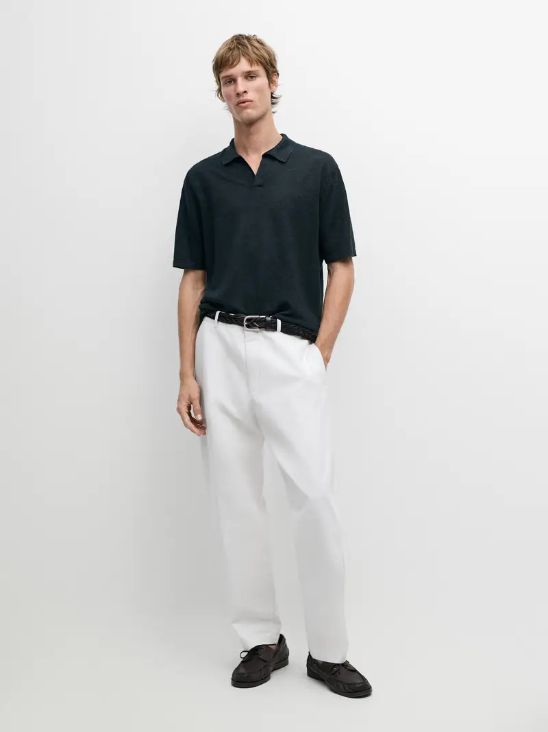 Maglia A Polo Con Scollo A V In Lino - Blu Marino - - Massimo Dutti - Maschile