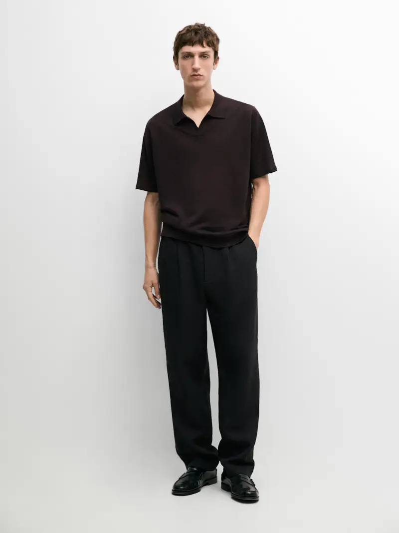 Maglia A Polo Con Scollo A V In Lino - Bordeaux - - Massimo Dutti - Maschile