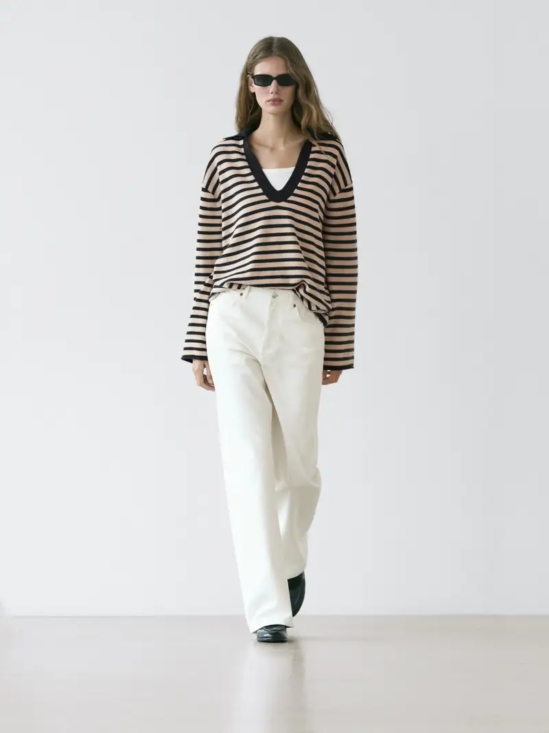 Maglia A Righe Con Scollo A V - Blu Marino - - Massimo Dutti - Femminile